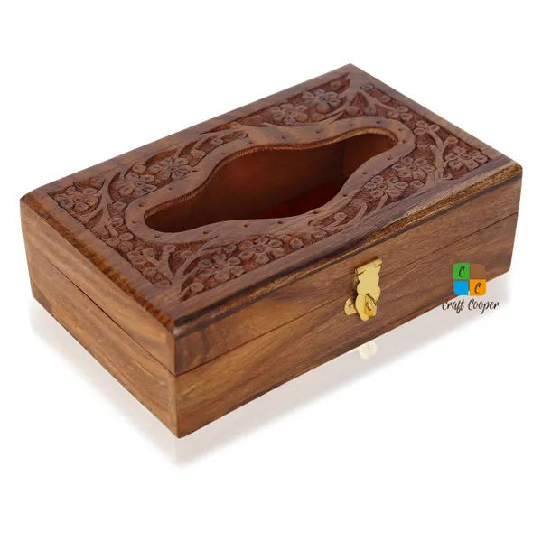 Craft_Cooper_Wooden_Tissue_Box_8*5_Inch_Hand_Carved_Floral_Brass_with_Safety_Lock_Office_Desk_Accessory,_Decorative_Piece,_Multipurpose_Use,_Handmade_Craftsmanship_Vanity_Box__(Brown)
