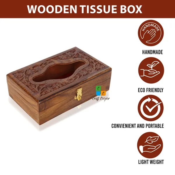 Craft_Cooper_Wooden_Tissue_Box_8*5_Inch_Hand_Carved_Floral_Brass_with_Safety_Lock_Office_Desk_Accessory,_Decorative_Piece,_Multipurpose_Use,_Handmade_Craftsmanship_Vanity_Box__(Brown)