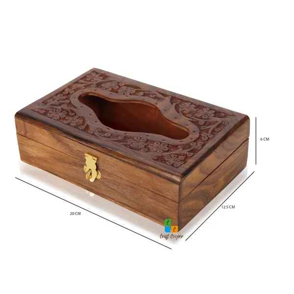 Craft_Cooper_Wooden_Tissue_Box_8*5_Inch_Hand_Carved_Floral_Brass_with_Safety_Lock_Office_Desk_Accessory,_Decorative_Piece,_Multipurpose_Use,_Handmade_Craftsmanship_Vanity_Box__(Brown)