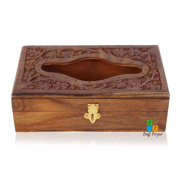 Craft_Cooper_Wooden_Tissue_Box_8*5_Inch_Hand_Carved_Floral_Brass_with_Safety_Lock_Office_Desk_Accessory,_Decorative_Piece,_Multipurpose_Use,_Handmade_Craftsmanship_Vanity_Box__(Brown)