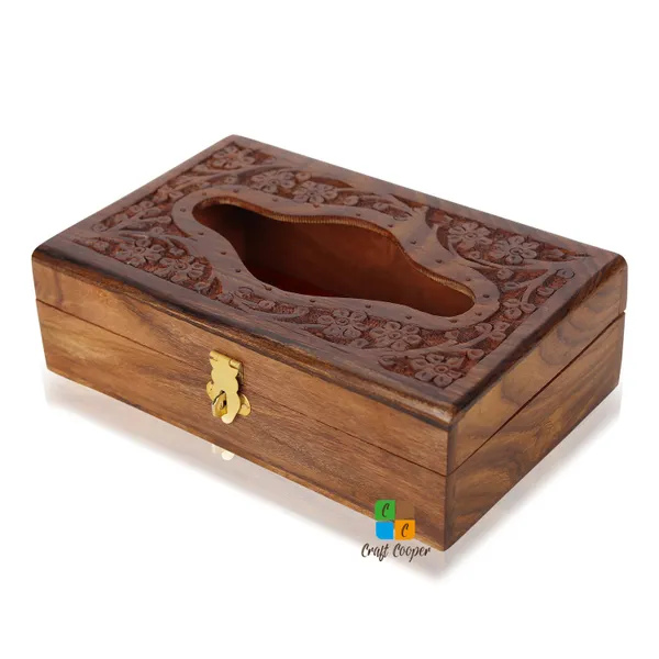 Craft_Cooper_Wooden_Tissue_Box_8*5_Inch_Hand_Carved_Floral_Brass_with_Safety_Lock_Office_Desk_Accessory,_Decorative_Piece,_Multipurpose_Use,_Handmade_Craftsmanship_Vanity_Box__(Brown)