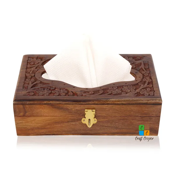 Craft_Cooper_Wooden_Tissue_Box_8*5_Inch_Hand_Carved_Floral_Brass_with_Safety_Lock_Office_Desk_Accessory,_Decorative_Piece,_Multipurpose_Use,_Handmade_Craftsmanship_Vanity_Box__(Brown)
