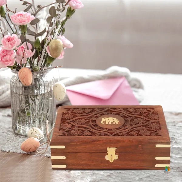 Wooden_Rectangle_Shape_Flower_And_Elephant_Printed_Jewellery_Box_|_Multipurpose_Box_For_Storage