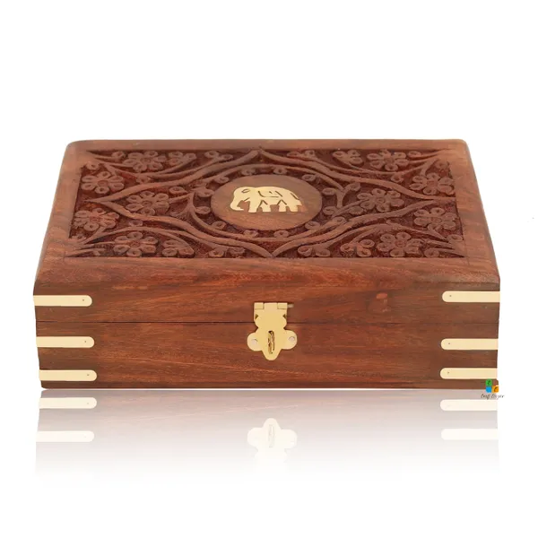 Wooden_Rectangle_Shape_Flower_And_Elephant_Printed_Jewellery_Box_|_Multipurpose_Box_For_Storage