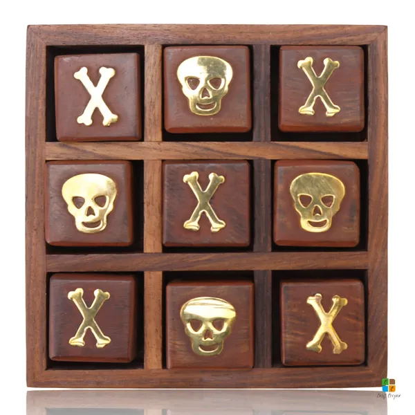 Sheesham_Wood/Brass_Skull_And_Crossbones_5_Inch_Square_Wooden_Mini_Tic_Tac_Toe/Nought_And_Crosses/Tik_Tak_Toe_Pedagogical/Brain_Teaser_Board_Game