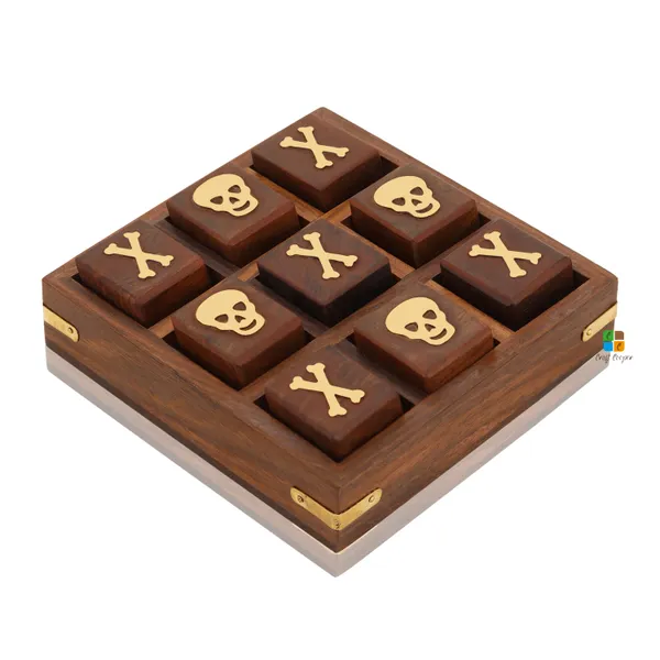 Sheesham_Wood/Brass_Skull_And_Crossbones_5_Inch_Square_Wooden_Mini_Tic_Tac_Toe/Nought_And_Crosses/Tik_Tak_Toe_Pedagogical/Brain_Teaser_Board_Game