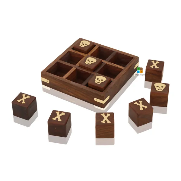 Sheesham_Wood/Brass_Skull_And_Crossbones_5_Inch_Square_Wooden_Mini_Tic_Tac_Toe/Nought_And_Crosses/Tik_Tak_Toe_Pedagogical/Brain_Teaser_Board_Game