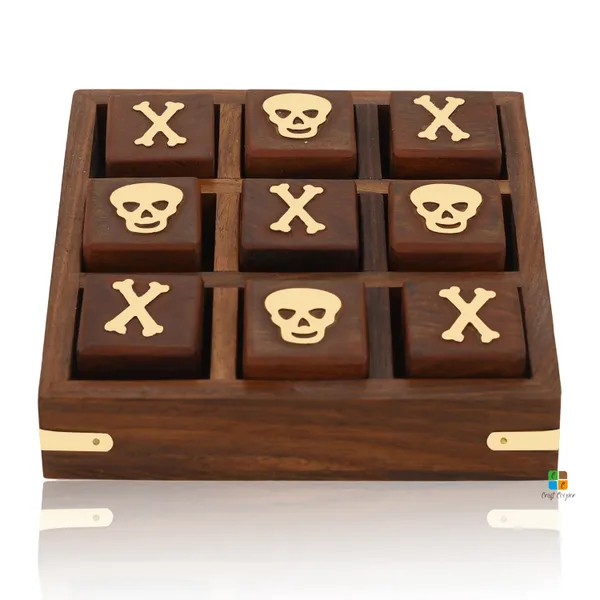 Sheesham_Wood/Brass_Skull_And_Crossbones_5_Inch_Square_Wooden_Mini_Tic_Tac_Toe/Nought_And_Crosses/Tik_Tak_Toe_Pedagogical/Brain_Teaser_Board_Game