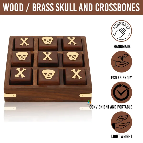 Sheesham_Wood/Brass_Skull_And_Crossbones_5_Inch_Square_Wooden_Mini_Tic_Tac_Toe/Nought_And_Crosses/Tik_Tak_Toe_Pedagogical/Brain_Teaser_Board_Game