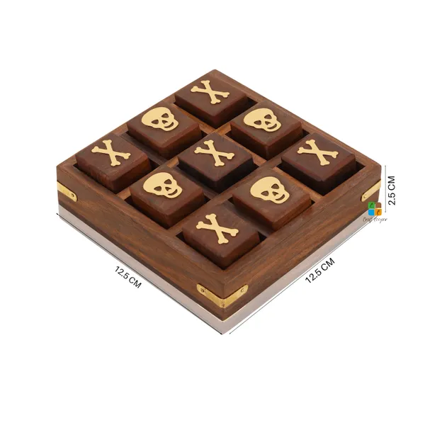 Sheesham_Wood/Brass_Skull_And_Crossbones_5_Inch_Square_Wooden_Mini_Tic_Tac_Toe/Nought_And_Crosses/Tik_Tak_Toe_Pedagogical/Brain_Teaser_Board_Game