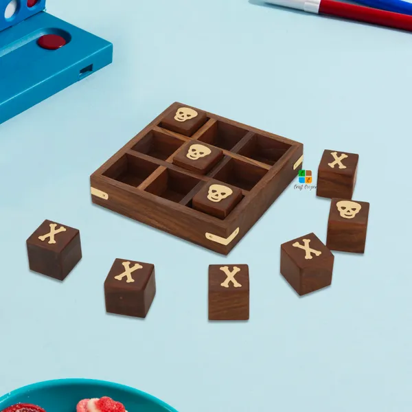 Sheesham_Wood/Brass_Skull_And_Crossbones_5_Inch_Square_Wooden_Mini_Tic_Tac_Toe/Nought_And_Crosses/Tik_Tak_Toe_Pedagogical/Brain_Teaser_Board_Game