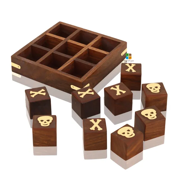 Sheesham_Wood/Brass_Skull_And_Crossbones_5_Inch_Square_Wooden_Mini_Tic_Tac_Toe/Nought_And_Crosses/Tik_Tak_Toe_Pedagogical/Brain_Teaser_Board_Game