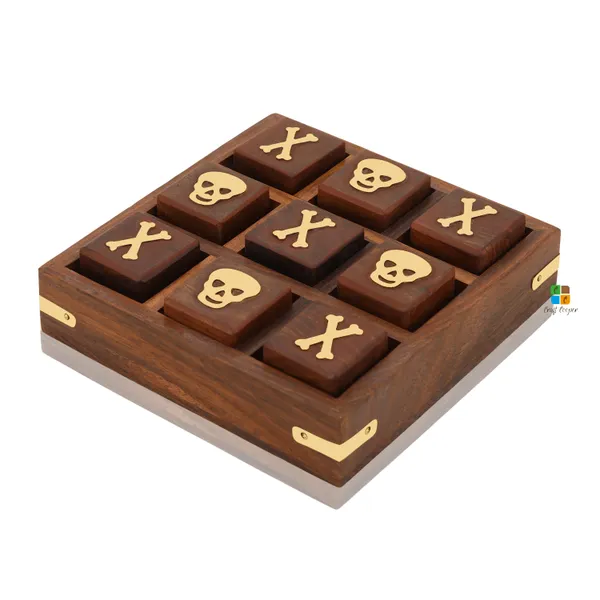 Sheesham_Wood/Brass_Skull_And_Crossbones_5_Inch_Square_Wooden_Mini_Tic_Tac_Toe/Nought_And_Crosses/Tik_Tak_Toe_Pedagogical/Brain_Teaser_Board_Game