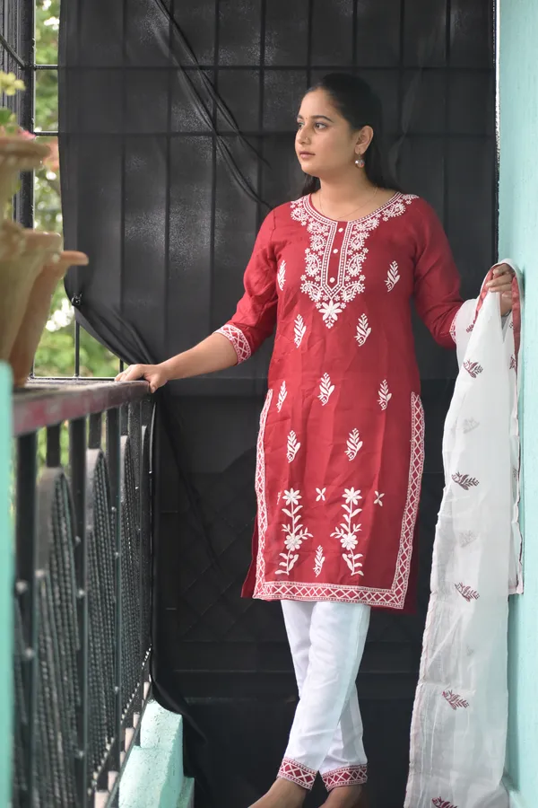 Red_Cotton_Chikankari_Stitched_Suit_For_Women