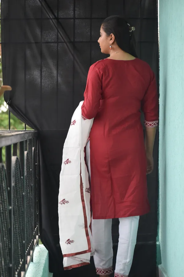 Red_Cotton_Chikankari_Stitched_Suit_For_Women