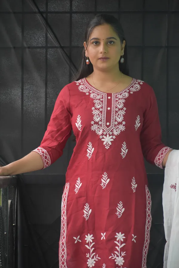 Red_Cotton_Chikankari_Stitched_Suit_For_Women