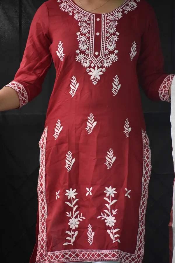 Red_Cotton_Chikankari_Stitched_Suit_For_Women