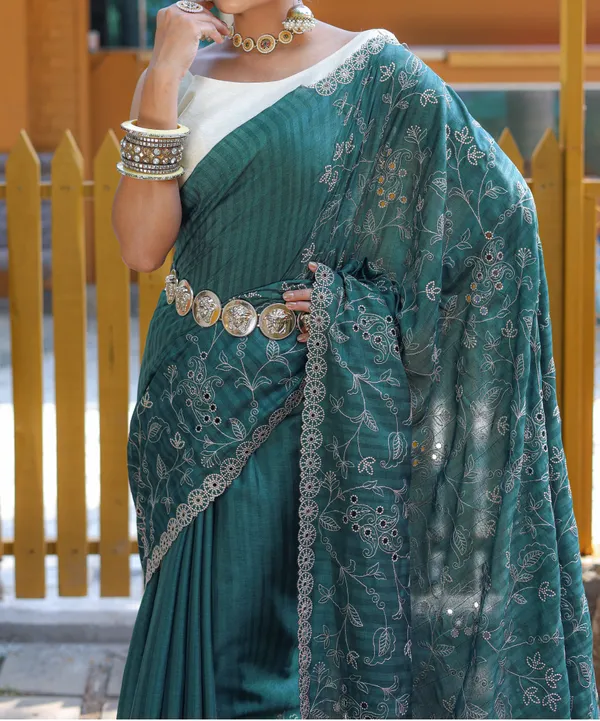 Green_Pure_Soft_Silk_Saree_With_Beautiful_Thread_Handwork_With_Elegant_Floral_Design_With_Cutwork_Border_And_Elegant_Design_All_Over_Saree