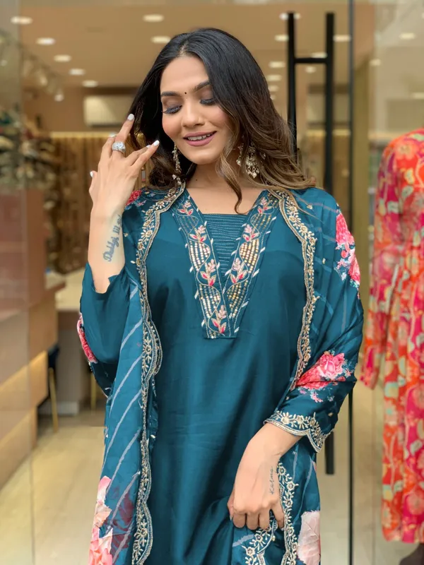 Blue_Silk_Lotus_Kurta_For_Women