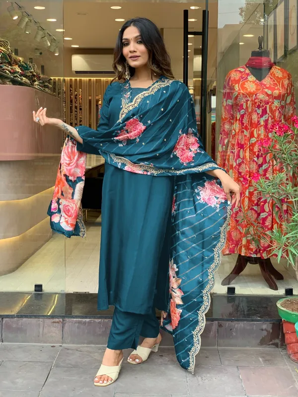 Blue_Silk_Lotus_Kurta_For_Women