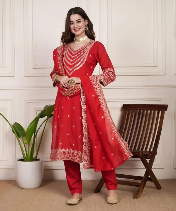 Red_Silk_Shimmer_Party_Wear_Stitched_Suit_Designed_Chanderi_For_Women