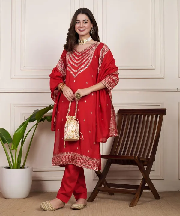 Red_Silk_Shimmer_Party_Wear_Stitched_Suit_Designed_Chanderi_For_Women