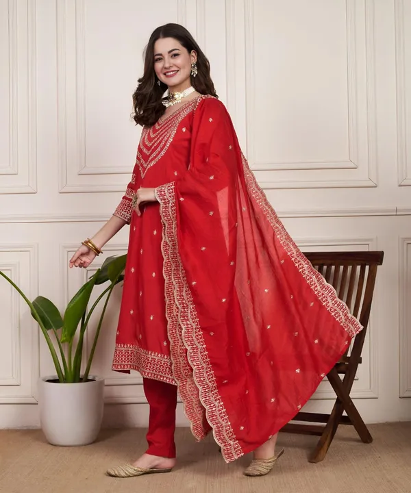 Red_Silk_Shimmer_Party_Wear_Stitched_Suit_Designed_Chanderi_For_Women