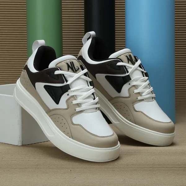 White_&_Beige_Pu_Leather_Soft_Cushion_Insole_Lining_Sneakers_For_Men