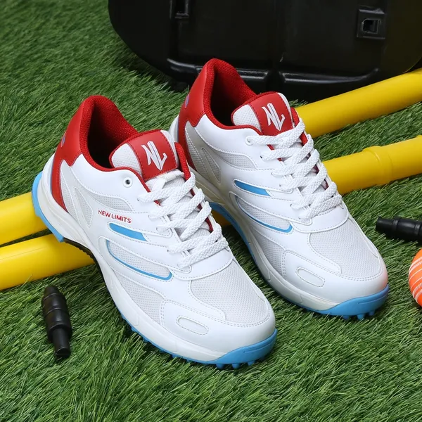 White,Red_&_Blue_Pu_&_Mesh_Soft_Cushion_Insole_Cricket_Shoes_For_Men