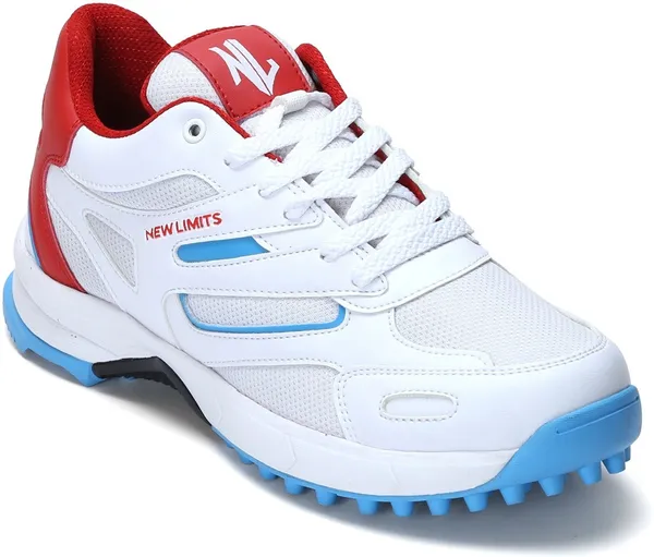 White,Red_&_Blue_Pu_&_Mesh_Soft_Cushion_Insole_Cricket_Shoes_For_Men