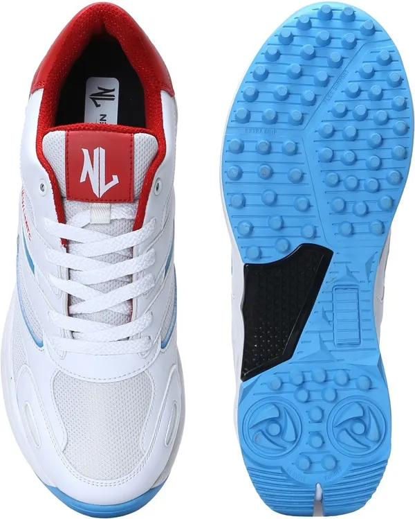 White,Red_&_Blue_Pu_&_Mesh_Soft_Cushion_Insole_Cricket_Shoes_For_Men