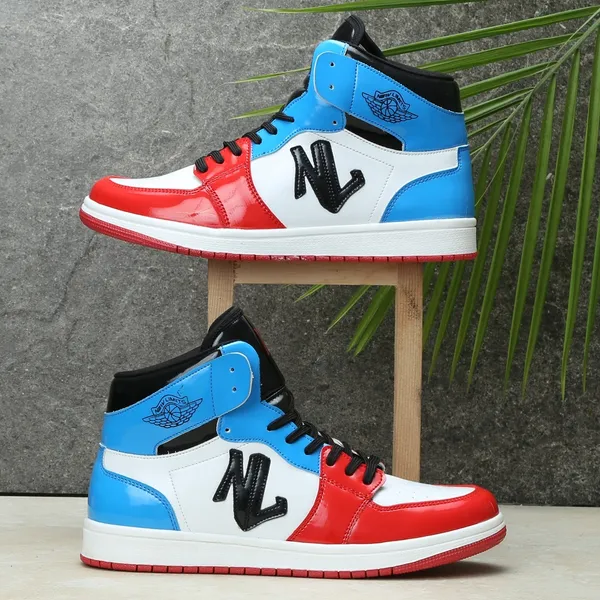 White,_Red_&_Blue_Pu_Leather_Soft_Cushion_Insole_Sneakers_For_Men