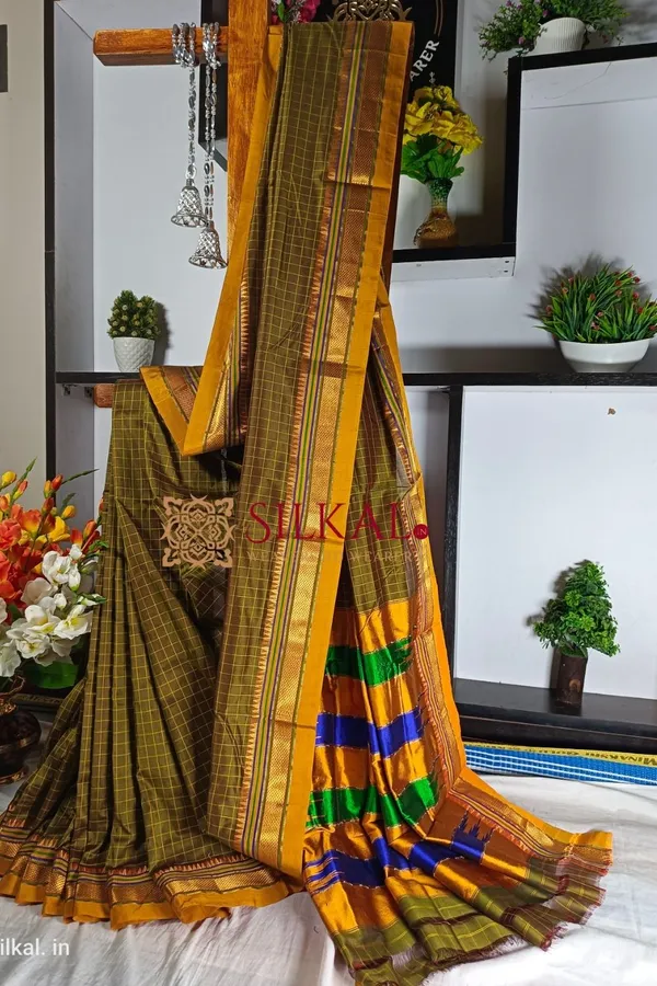 Ilkal_Checked_Mercerized_Silk_Saree_Saree_Code-_SKL1499