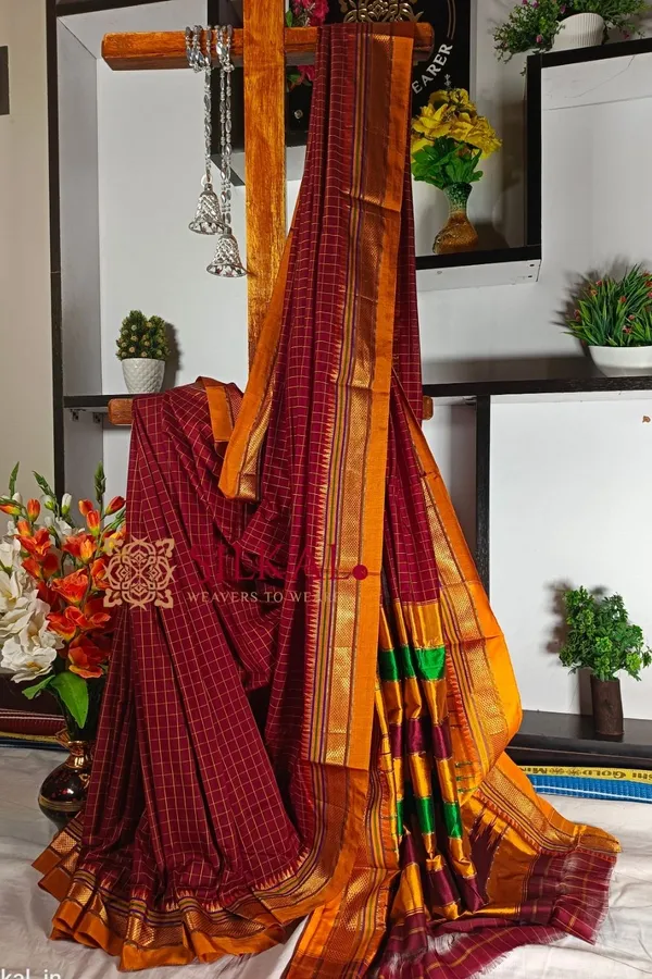 Ilkal_Checked_Mercerized_Silk_Saree_Saree_Code-_SKL1451
