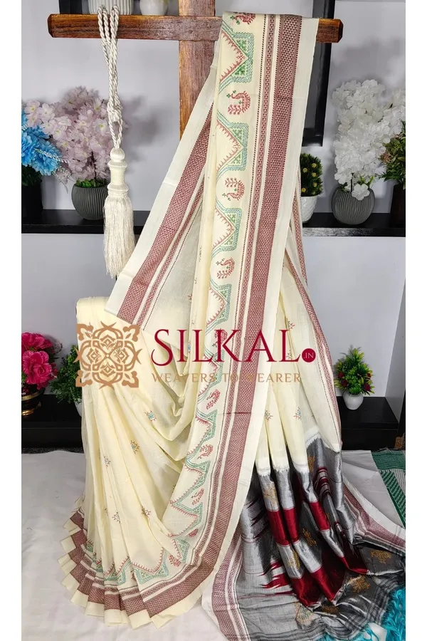 Ilkal_Handloom_Cotton_Silk_Kasuti__Chikki_Paras_Border_Saree_SKL03890