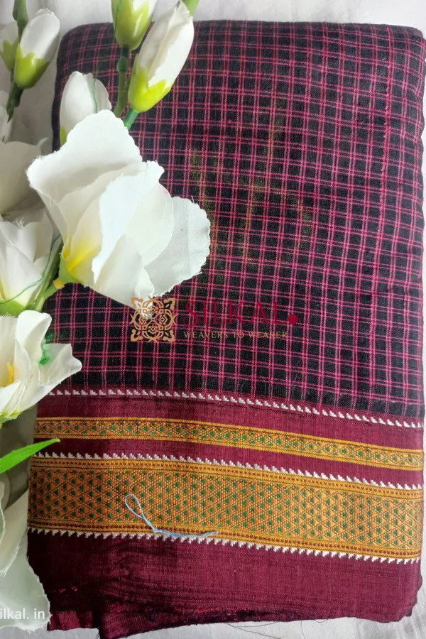 Ilkal_Handloom_Silk_By_Cotton_Small_Checks_Chikki_Paras_Saree_Code-_SKL1186