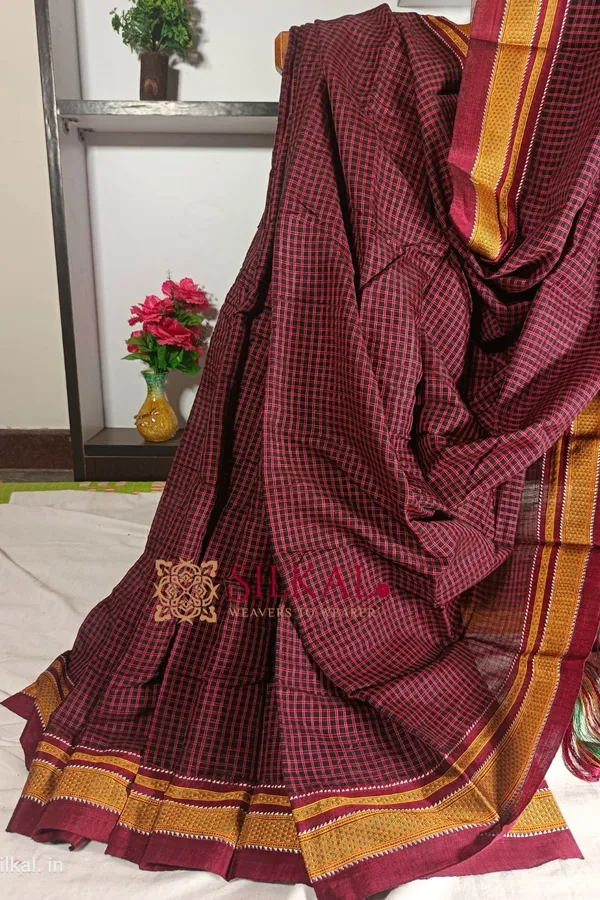 Ilkal_Handloom_Silk_By_Cotton_Small_Checks_Chikki_Paras_Saree_Code-_SKL1186
