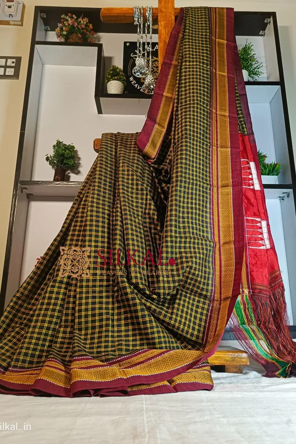 Ilkal_Handloom_Silk_By_Cotton_Small_Checks_Chikki_Paras_Saree_Saree_Code-_SKL1718