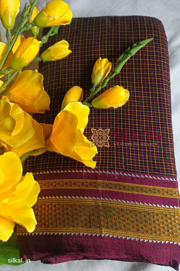 Ilkal_Handloom_Silk_By_Cotton_Small_Checks_Chikki_Paras_Saree_Saree_Code-_SKL1423