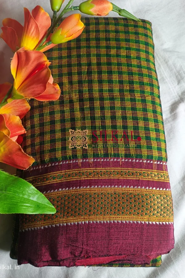 Ilkal_Handloom_Silk_By_Cotton_Small_Checks_Chikki_Paras_Saree_Code-_SKL1424