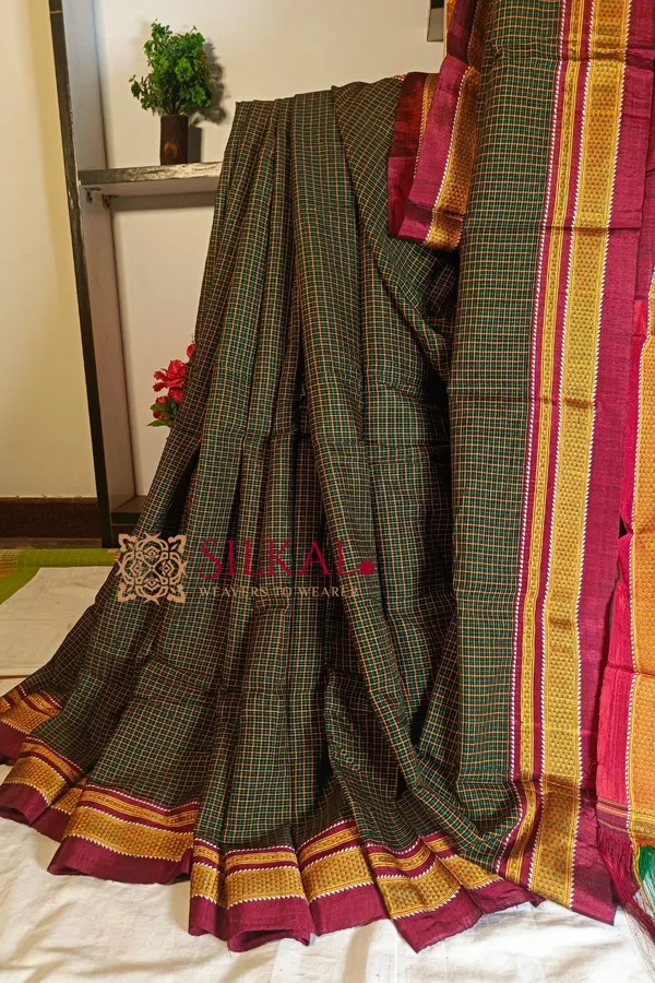 Ilkal_Handloom_Silk_By_Cotton_Small_Checks_Chikki_Paras_Saree_Code-_SKL1425