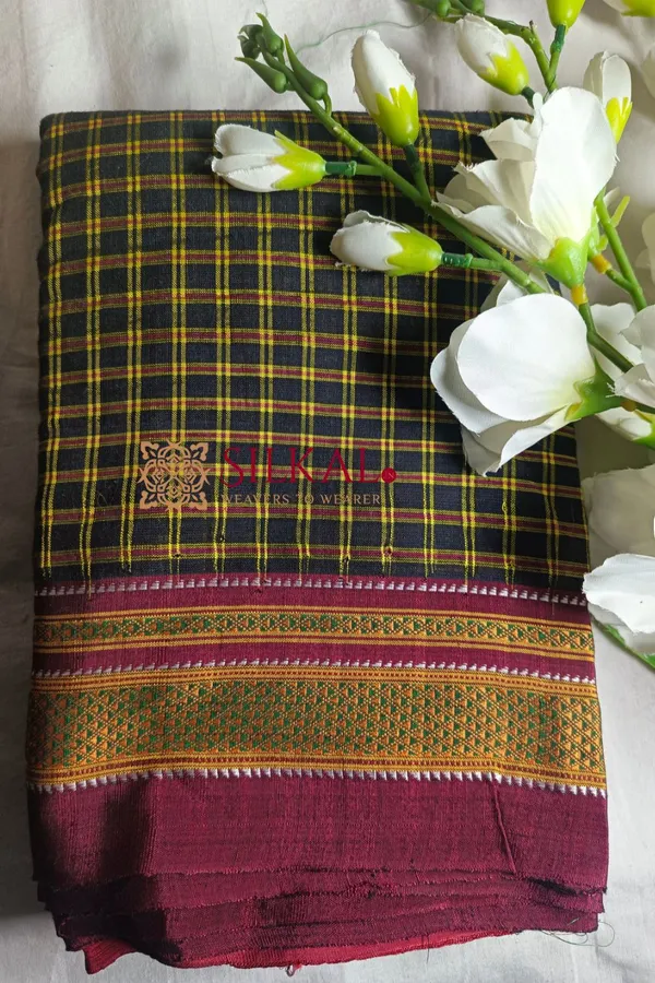 Ilkal_Handloom_Silk_By_Cotton_Small_Checks_Chikki_Paras_Saree_Saree_Code-_SKL1718