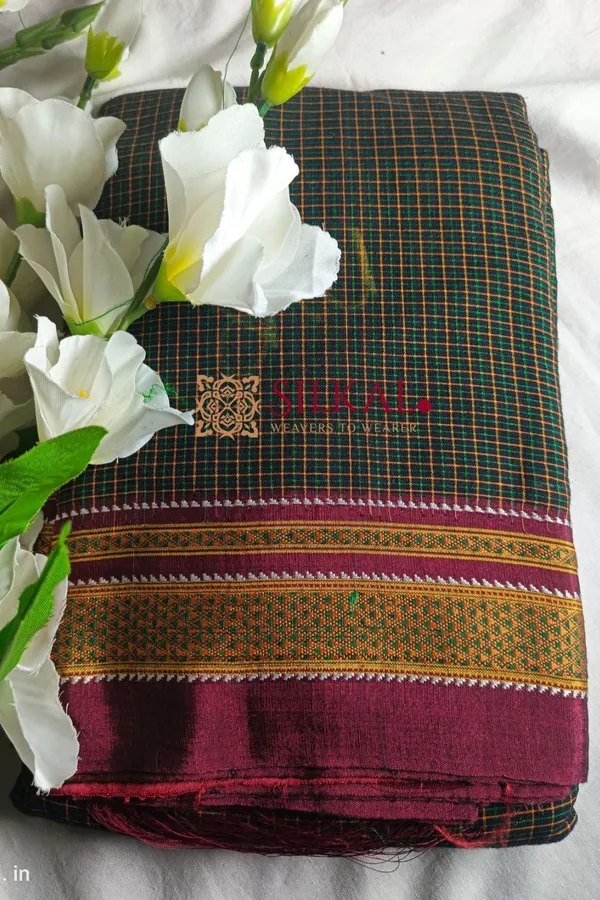 Ilkal_Handloom_Silk_By_Cotton_Small_Checks_Chikki_Paras_Saree_Code-_SKL1425