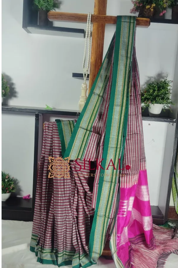 Ilkal_Handloom_Viscose_Cotton_Silk_Chikki_Paras_Border_Saree