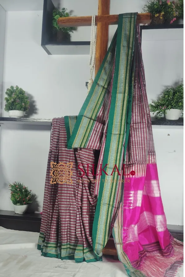 Ilkal_Handloom_Viscose_Cotton_Silk_Chikki_Paras_Border_Saree