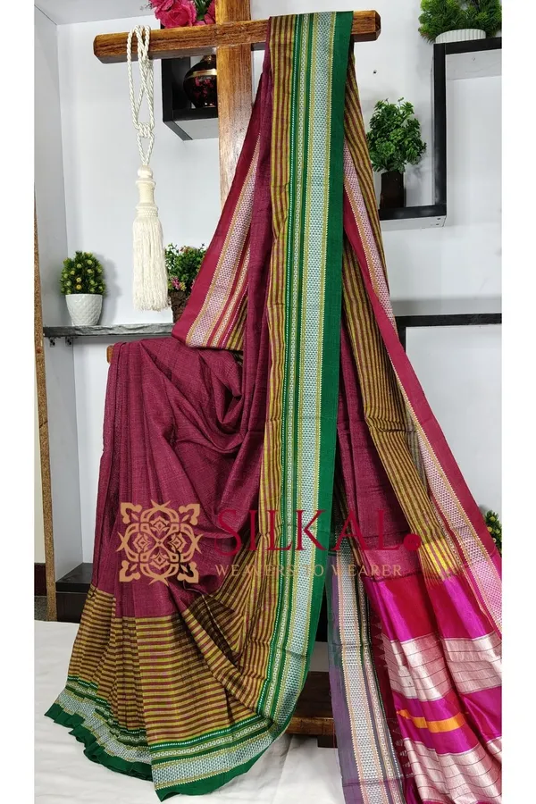Ilkal_Handloom_Viscose_Cotton_Silk_Chikki_Paras_Border_Saree_SKL03615