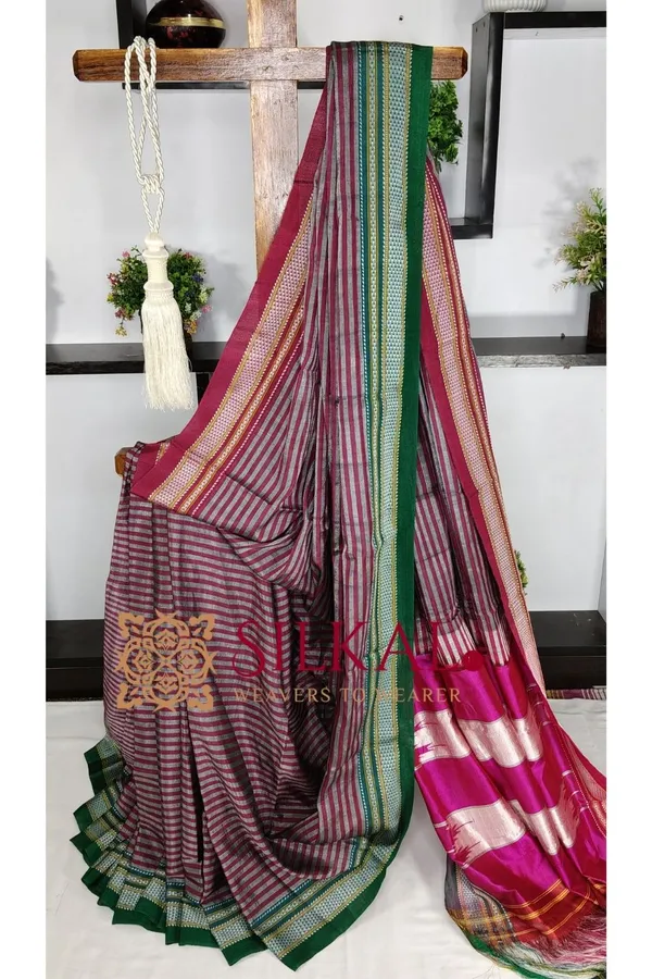 Ilkal_Handloom_Viscose_Cotton_Silk_Chikki_Paras_Border_Saree_SKL03619