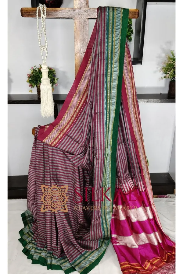 Ilkal_Handloom_Viscose_Cotton_Silk_Chikki_Paras_Border_Saree_SKL03619