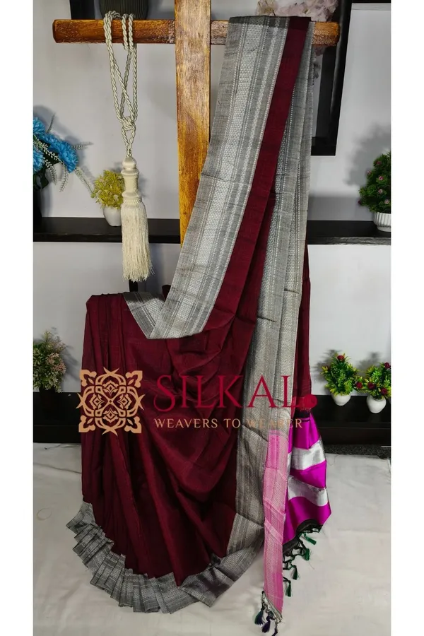 Ilkal_Handloom_Viscose_Cotton_Silk_Chikki_Paras_Border_Saree_SKL04248