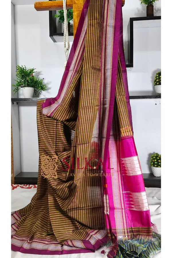 Ilkal_Handloom_Viscose_Cotton_Silk_Chikki_Paras_Border_Saree_SKL2029